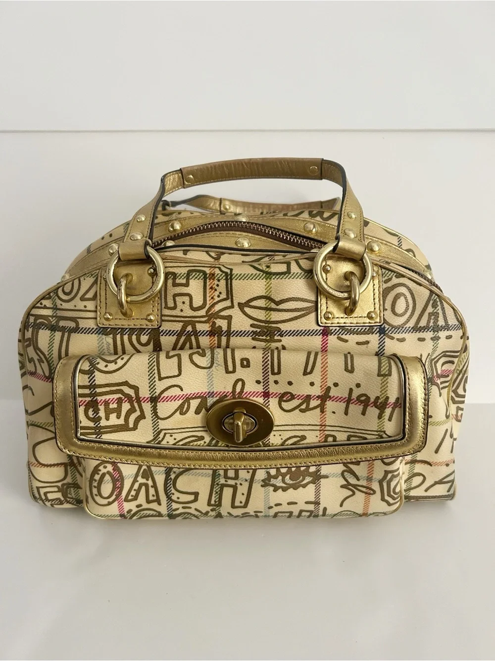Vintage Coach Poppy Chelsea Graffiti Gold Tattersall Dome Satchel Purse